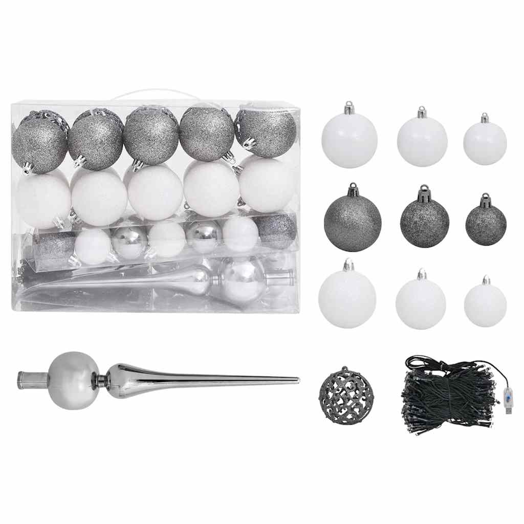 Slim pre-lit green artificial Christmas tree, 82.7 inches tall, with 61-piece silver and white ball ornaments.