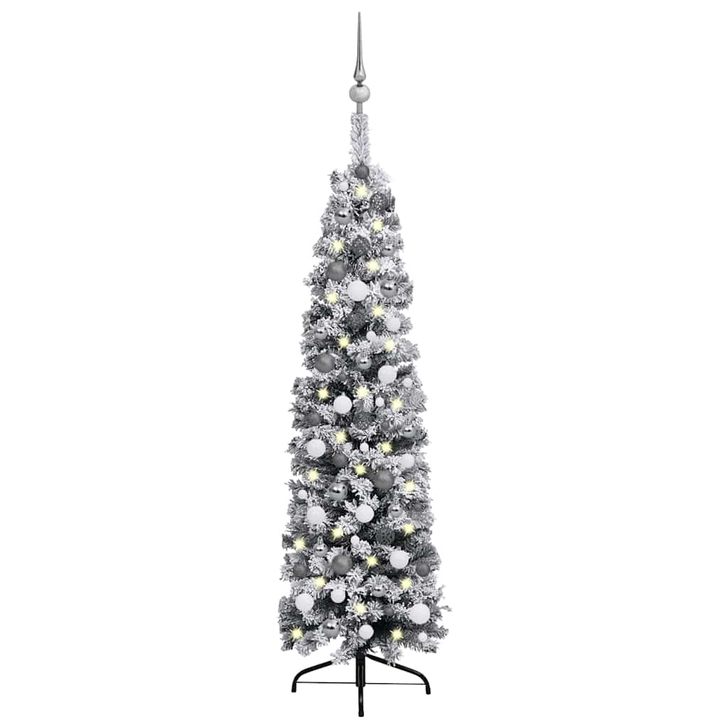Slim 59.1-inch pre-lit green artificial Christmas tree with flocked snow and decorative balls on a stand.