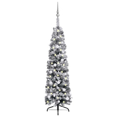 Slim 59.1-inch pre-lit green artificial Christmas tree with flocked snow and decorative balls on a stand.