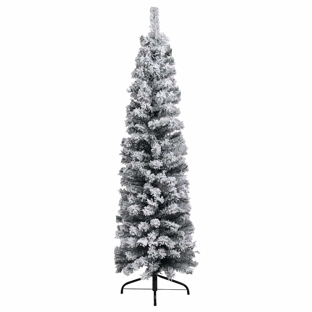 Slim 59.1-inch pre-lit green artificial Christmas tree with flocked snow and decorative balls on a stand.
