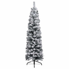 Slim 59.1-inch pre-lit green artificial Christmas tree with flocked snow and decorative balls on a stand.