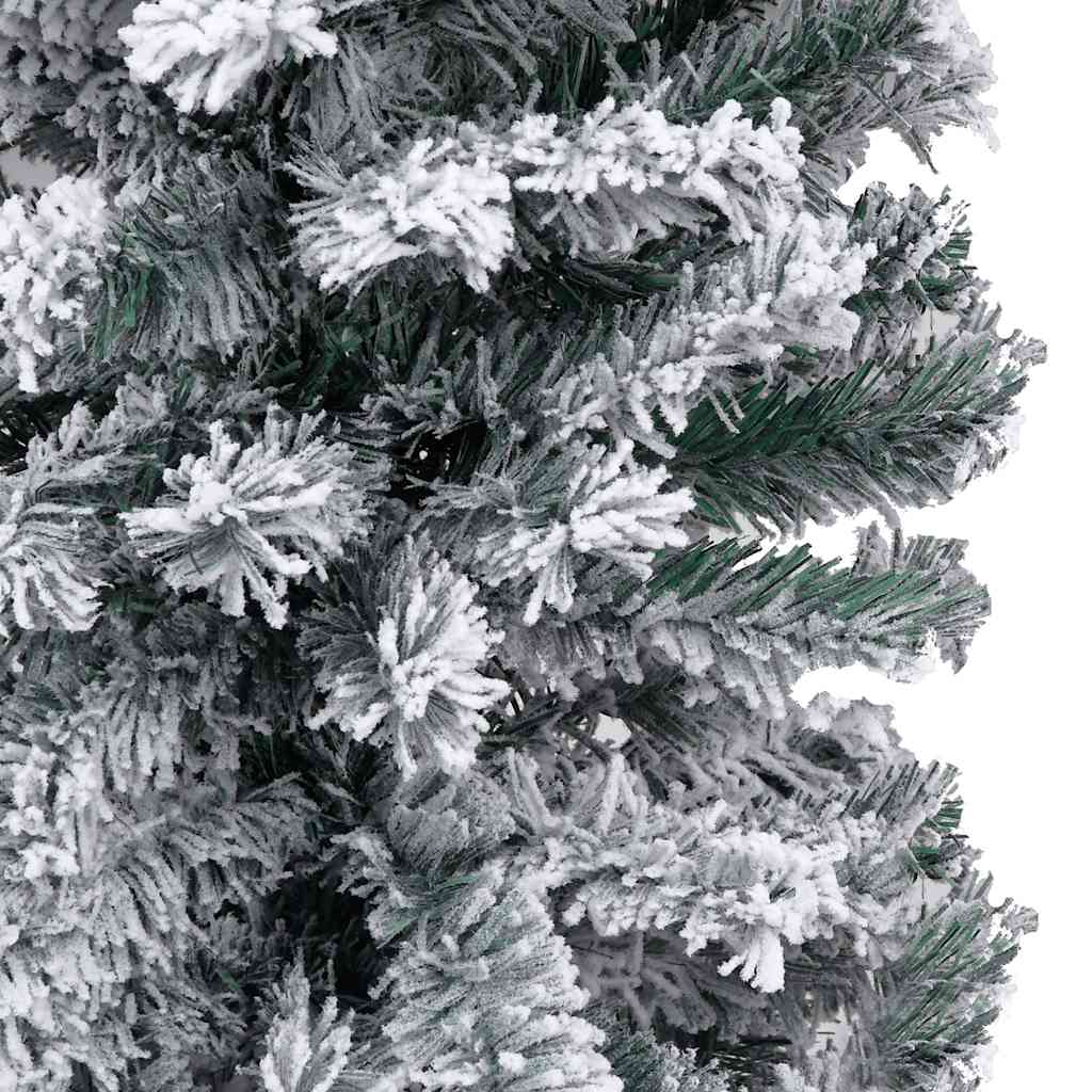 Slim 59.1-inch pre-lit artificial green Christmas tree with flocked snow and decorative balls.