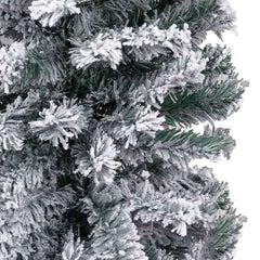 Slim 59.1-inch pre-lit artificial green Christmas tree with flocked snow and decorative balls.