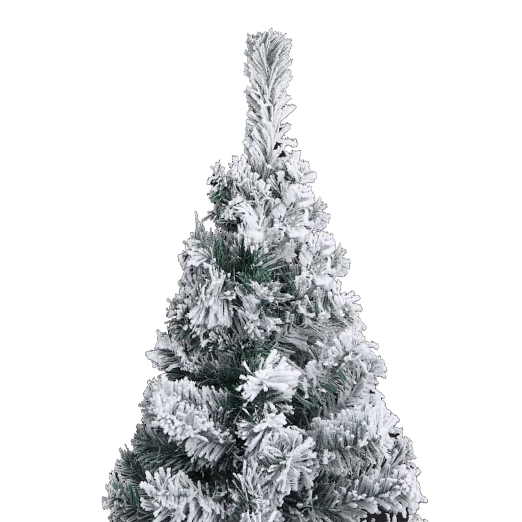 Slim 59.1-inch pre-lit green artificial Christmas tree with flocked snow and decorative balls.