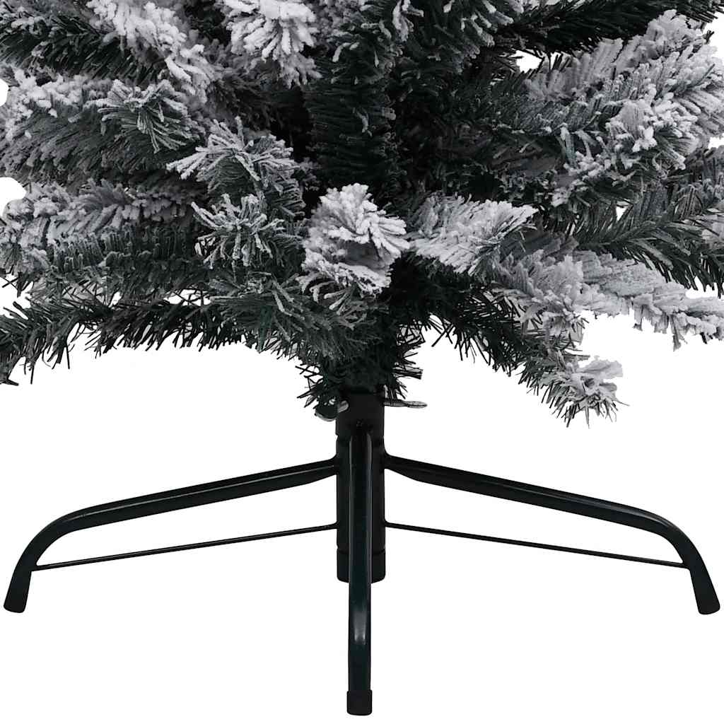 Slim 59.1-inch pre-lit green artificial Christmas tree with snow, ornaments, and black metal stand.