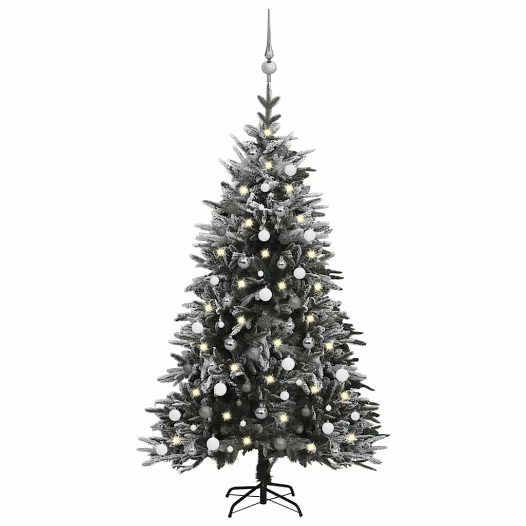A 6ft flocked snow artificial Christmas tree with LED lights and white balls.