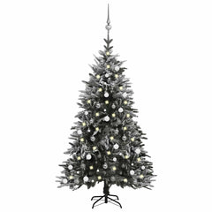 A 6ft flocked snow artificial Christmas tree with LED lights and white balls.