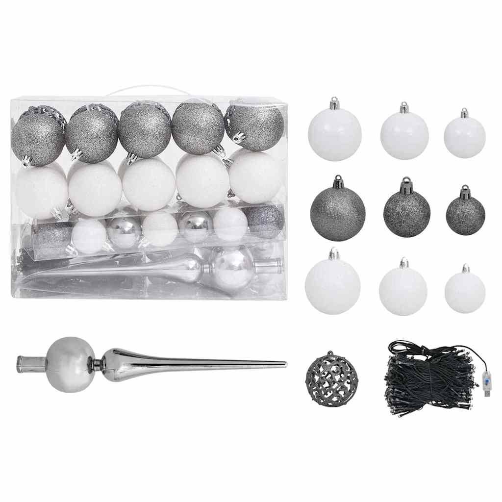 6ft flocked snow artificial Christmas tree with LED lights, 61 white and gray ornaments, and star topper.