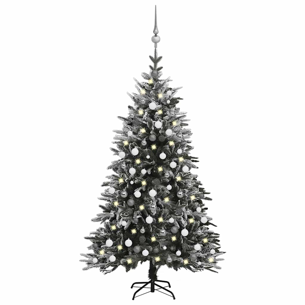 A 7ft flocked snow artificial Christmas tree with integrated LED lights and white balls.