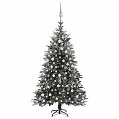 A 7ft flocked snow artificial Christmas tree with integrated LED lights and white balls.