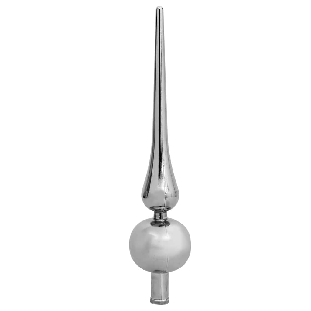 Silver metallic finial with pointed top and round base for Christmas tree.