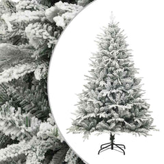 7ft artificial Christmas tree with flocked snow, LED lights, and white and gray balls.