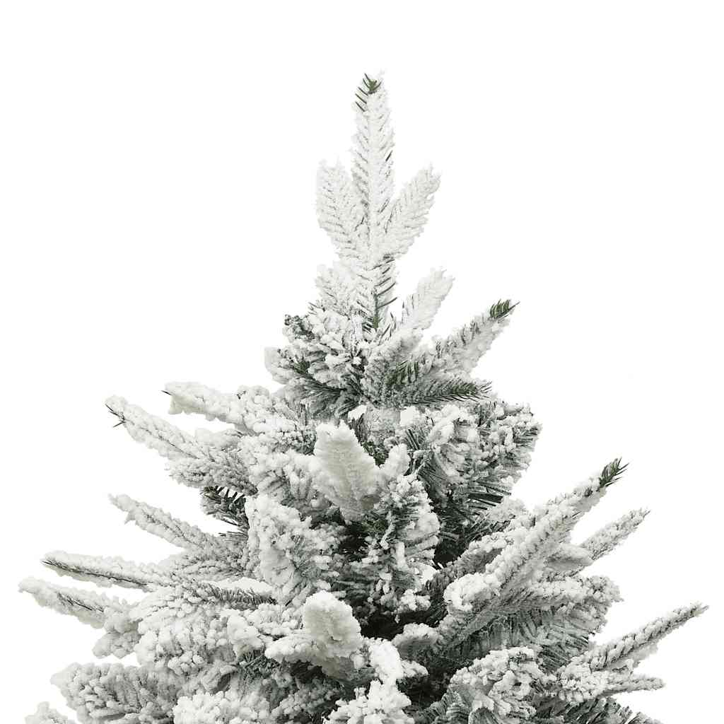 A 7ft flocked snow artificial Christmas tree with integrated LED lights and decorative balls.