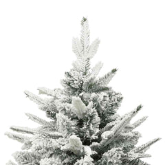 A 7ft flocked snow artificial Christmas tree with integrated LED lights and decorative balls.