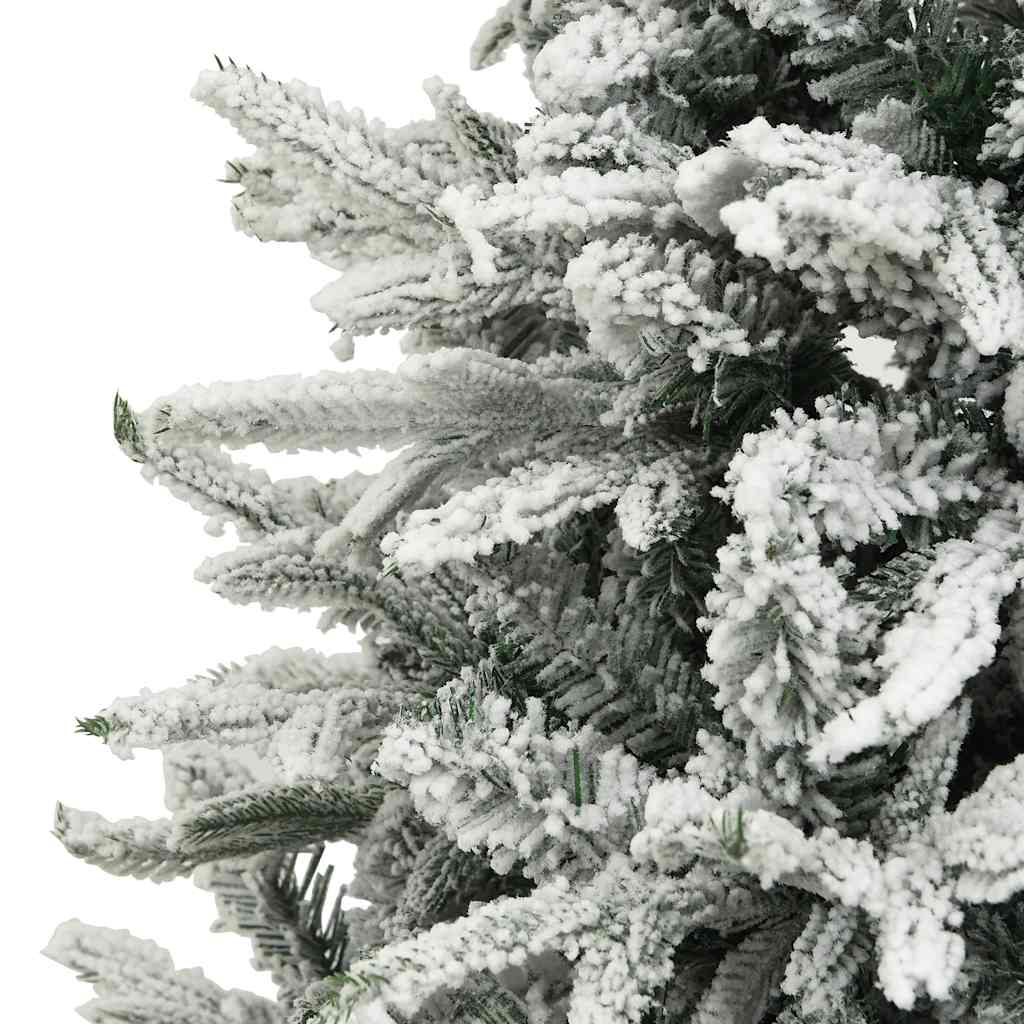 A 7ft flocked snow artificial Christmas tree with integrated LED lights and decorative balls.