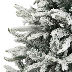 A 7ft flocked snow artificial Christmas tree with integrated LED lights and decorative balls.