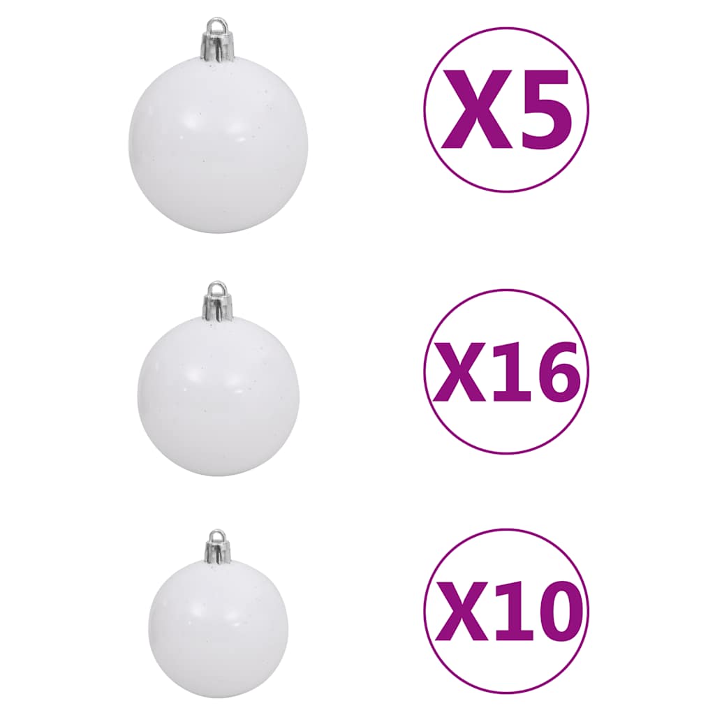 White flocked 7ft artificial Christmas tree with LED lights and white and gray balls.