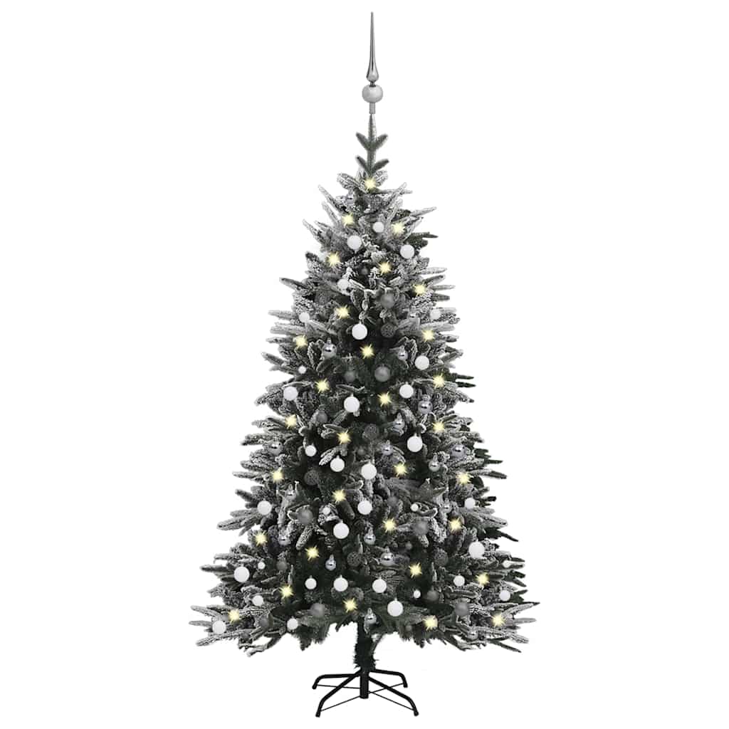 94.5-inch flocked snow artificial Christmas tree with LED lights and balls.
