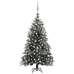 94.5-inch flocked snow artificial Christmas tree with LED lights and balls.