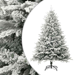 94.5-inch flocked snow artificial Christmas tree with LED lights and balls on a stand.