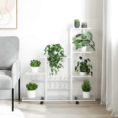 Plant Stand White Metal Medium Rollable Plant Stand