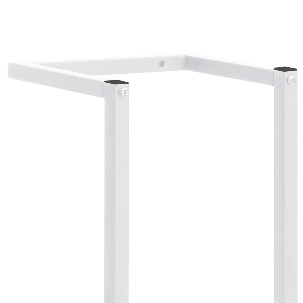 White steel towel rack measuring 9.8x7.9x37.4 inches with L-shaped frame.
