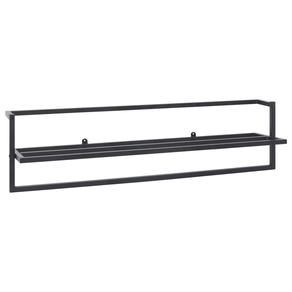 Black iron towel rack with shelf, measuring 37.4 by 9.8 by 8.7 inches.