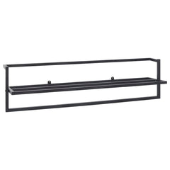 Black iron towel rack with shelf, measuring 37.4 by 9.8 by 8.7 inches.
