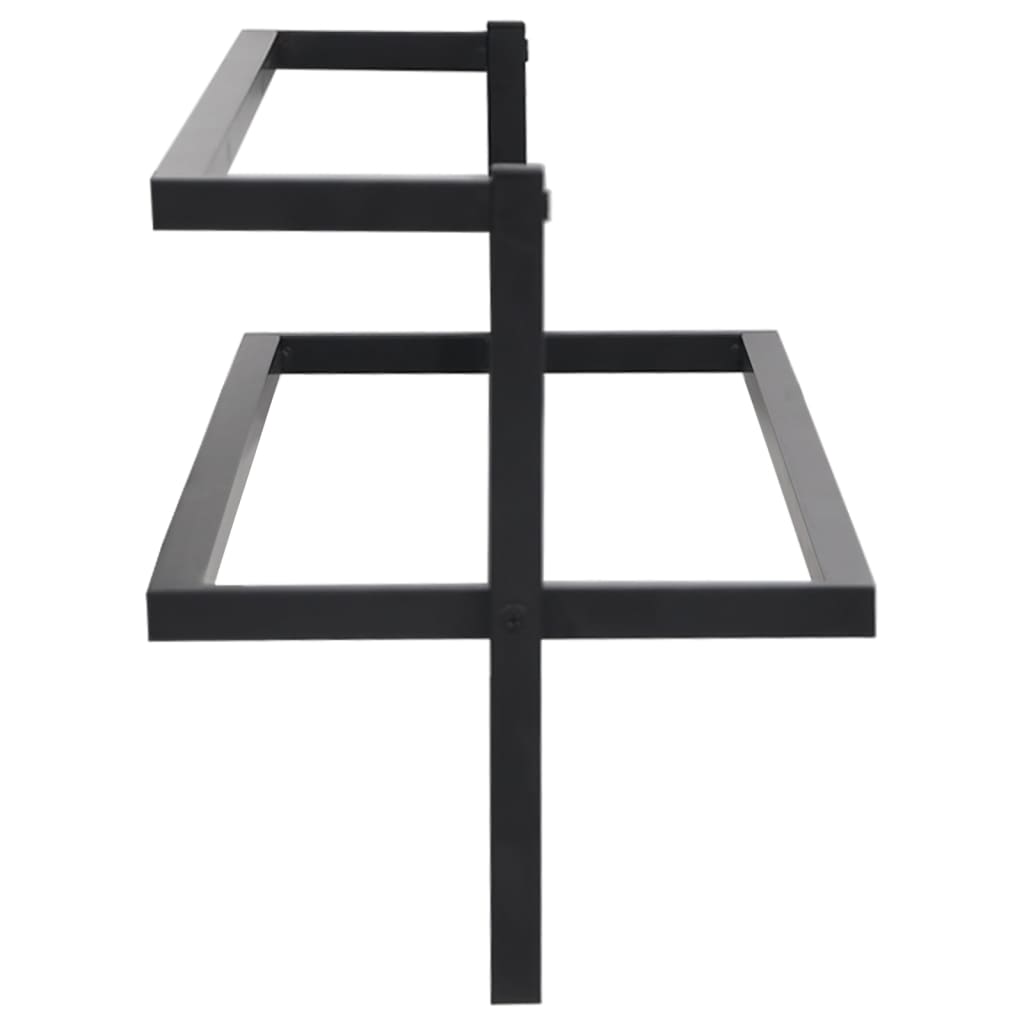 Black iron towel rack with upper shelf, measuring 37.4 by 9.8 by 8.7 inches.