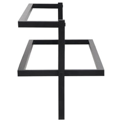 Black iron towel rack with upper shelf, measuring 37.4 by 9.8 by 8.7 inches.
