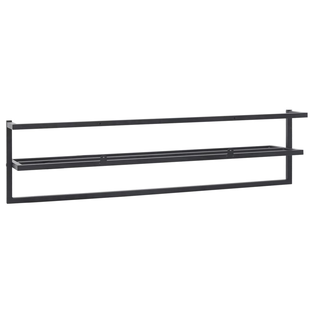Black iron towel rack with shelf, measuring 37.4 by 9.8 by 8.7 inches.