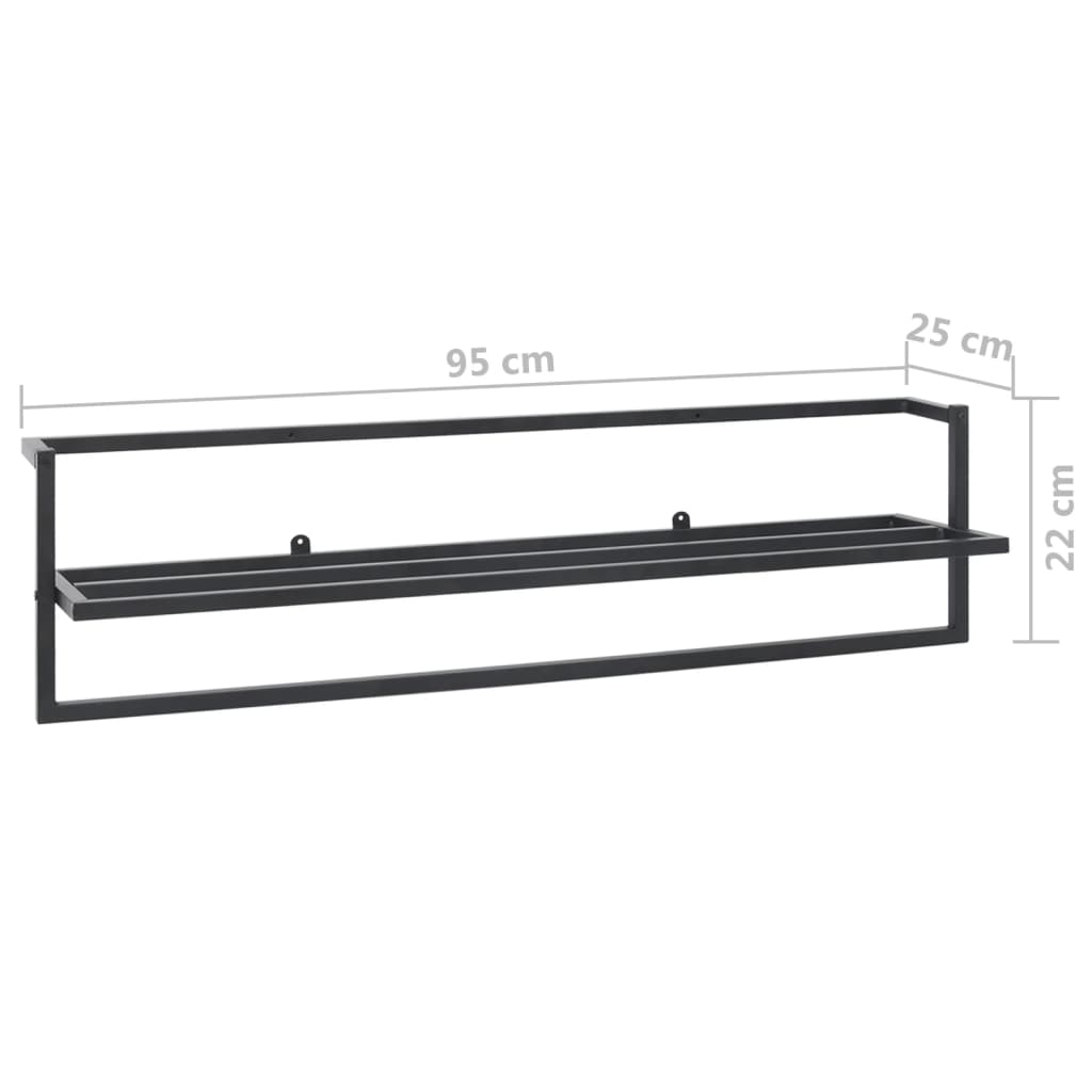 Black iron towel rack with shelf, measuring 95 cm wide by 25 cm high.