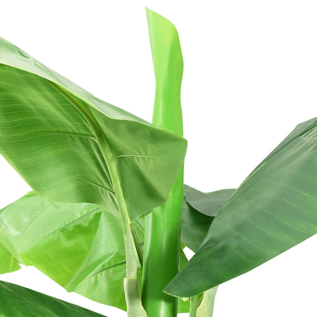 Tall artificial banana tree with 24 green leaves in a sleek black pot.