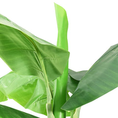 Tall artificial banana tree with 24 green leaves in a sleek black pot.