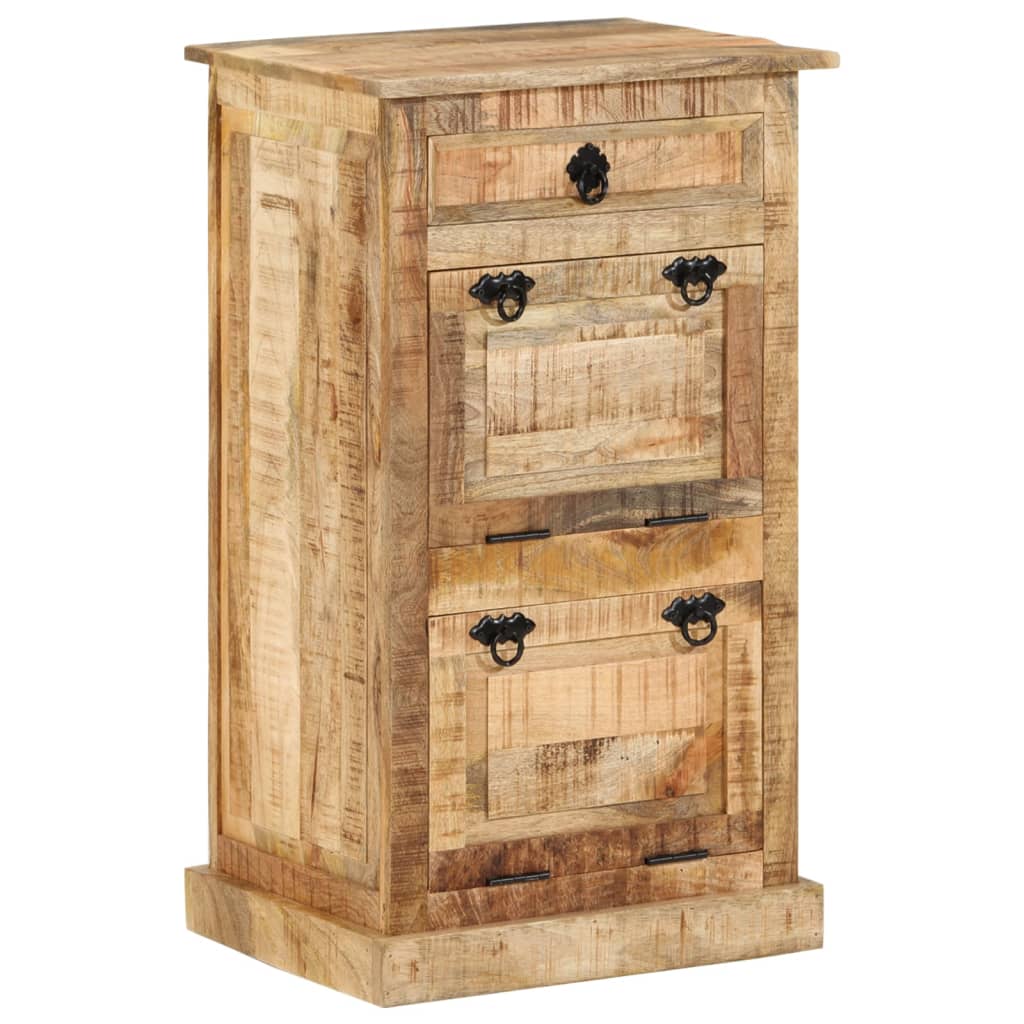 Bostome 4-layer solid rough mango wood shoe cabinet with drawer and black metal handles.