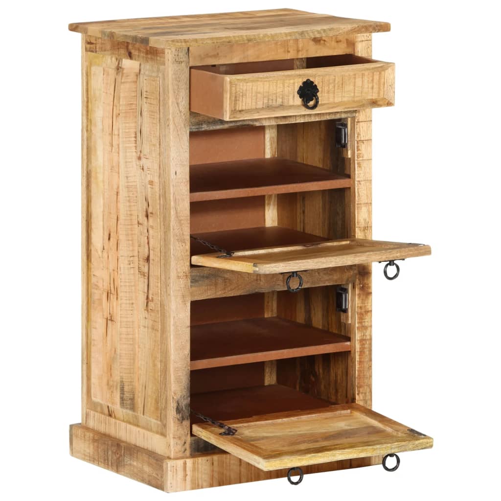 Bostome 4-layer solid rough mango wood shoe cabinet with drawer and open shelves.