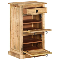 Bostome 4-layer solid rough mango wood shoe cabinet with drawer and open shelves.