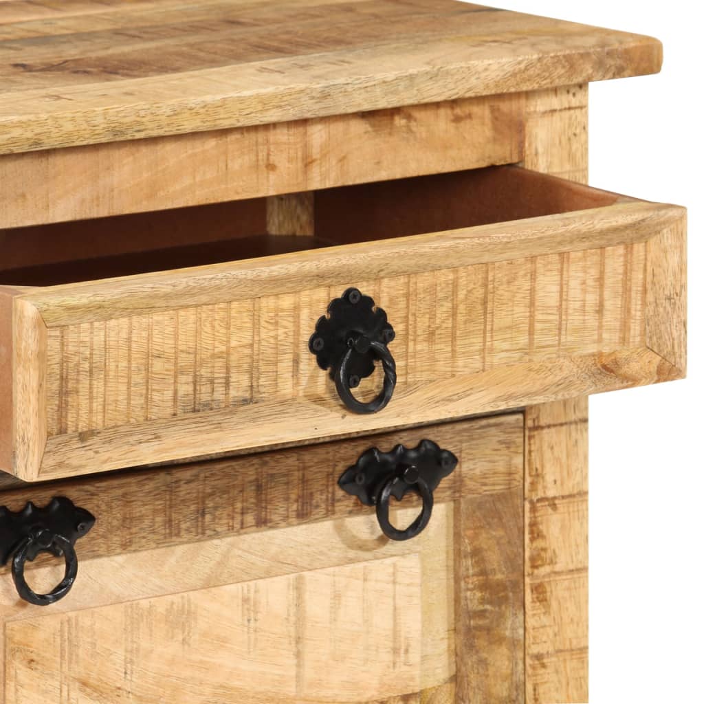 Bostome 4-layer solid rough mango wood shoe cabinet with open drawer and black iron pulls.