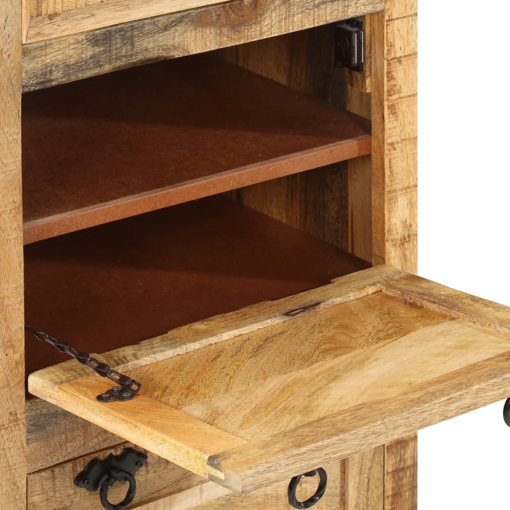 Bostome 4-layer mango wood shoe cabinet with open door, shelves, and drawer.