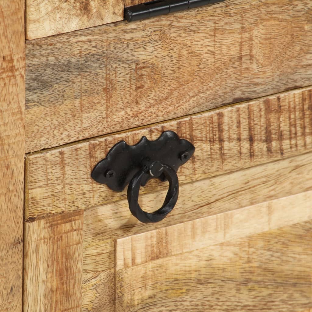 Bostome 4-layer mango wood shoe cabinet with rough grain and black ring drawer pull.