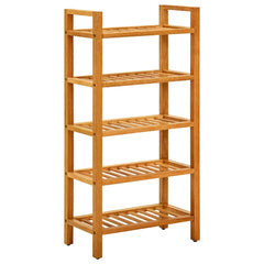 A tall solid oak wood shoe rack with five open shelves and side handles.