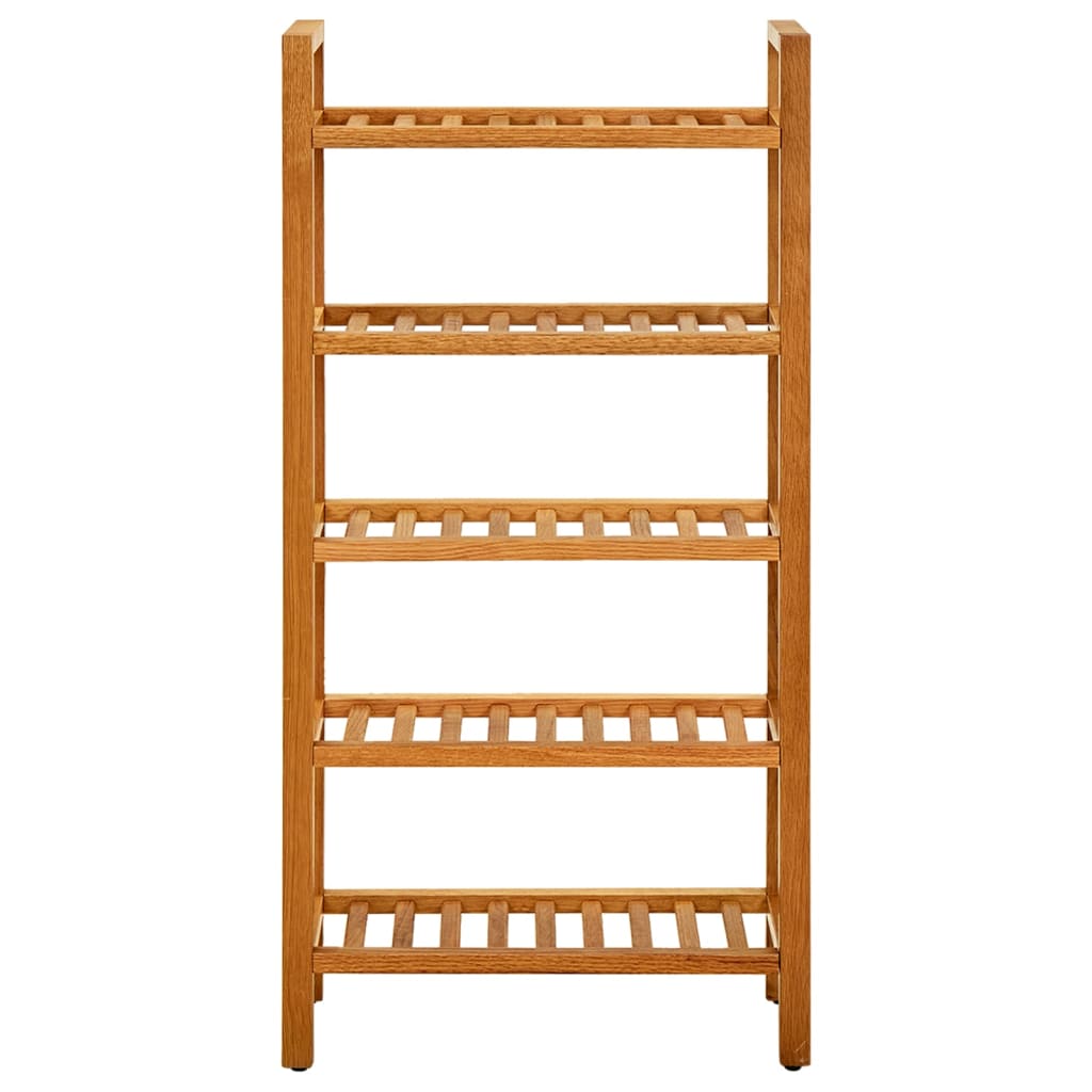 Solid oak wood shoe rack with five slatted shelves and a natural finish.