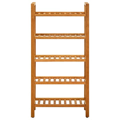 Solid oak wood shoe rack with five slatted shelves and a natural finish.