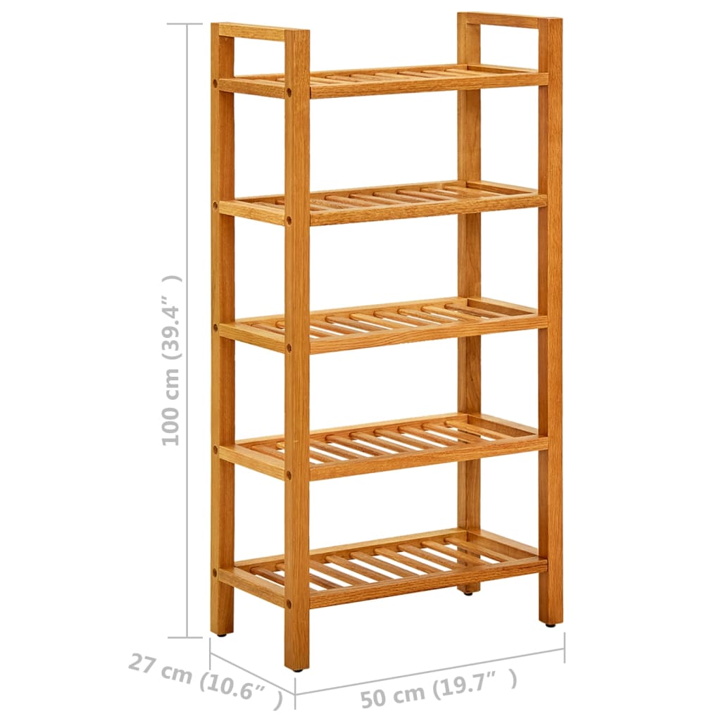 A solid oak wood shoe rack with five open shelves, measuring 19.7 by 10.6 by 39.4 inches.
