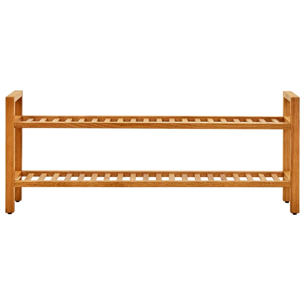 Two-shelf solid oak wood shoe rack, 39.4x10.6x15.7 inches, with slatted shelves.