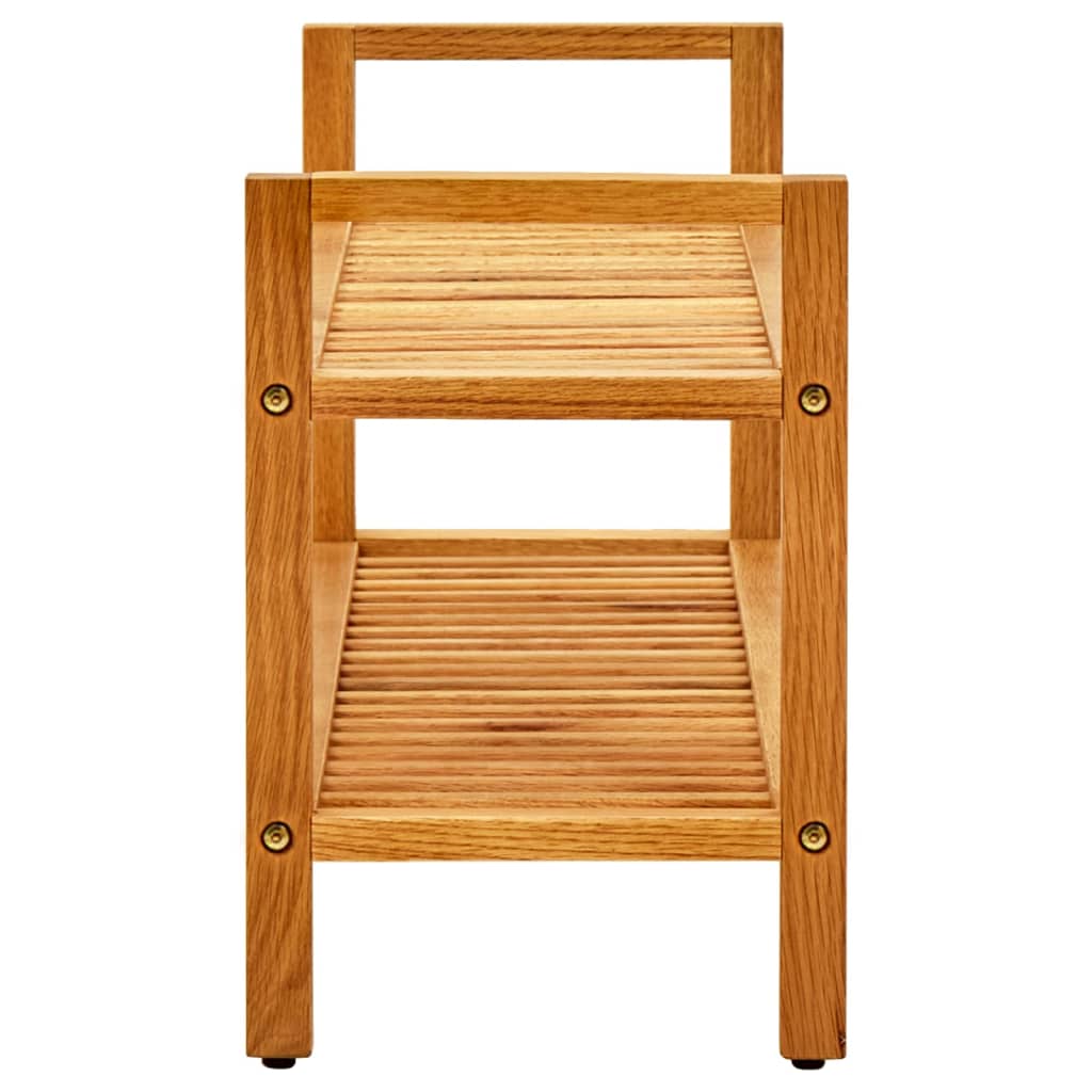 Two-shelf solid oak wood shoe rack with slatted shelves and handles, measuring 39.4x10.6x15.7 inches.