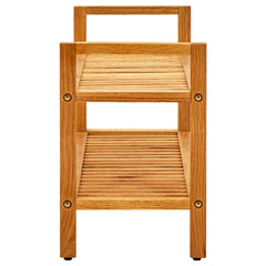 Two-shelf solid oak wood shoe rack with slatted shelves and handles, measuring 39.4x10.6x15.7 inches.