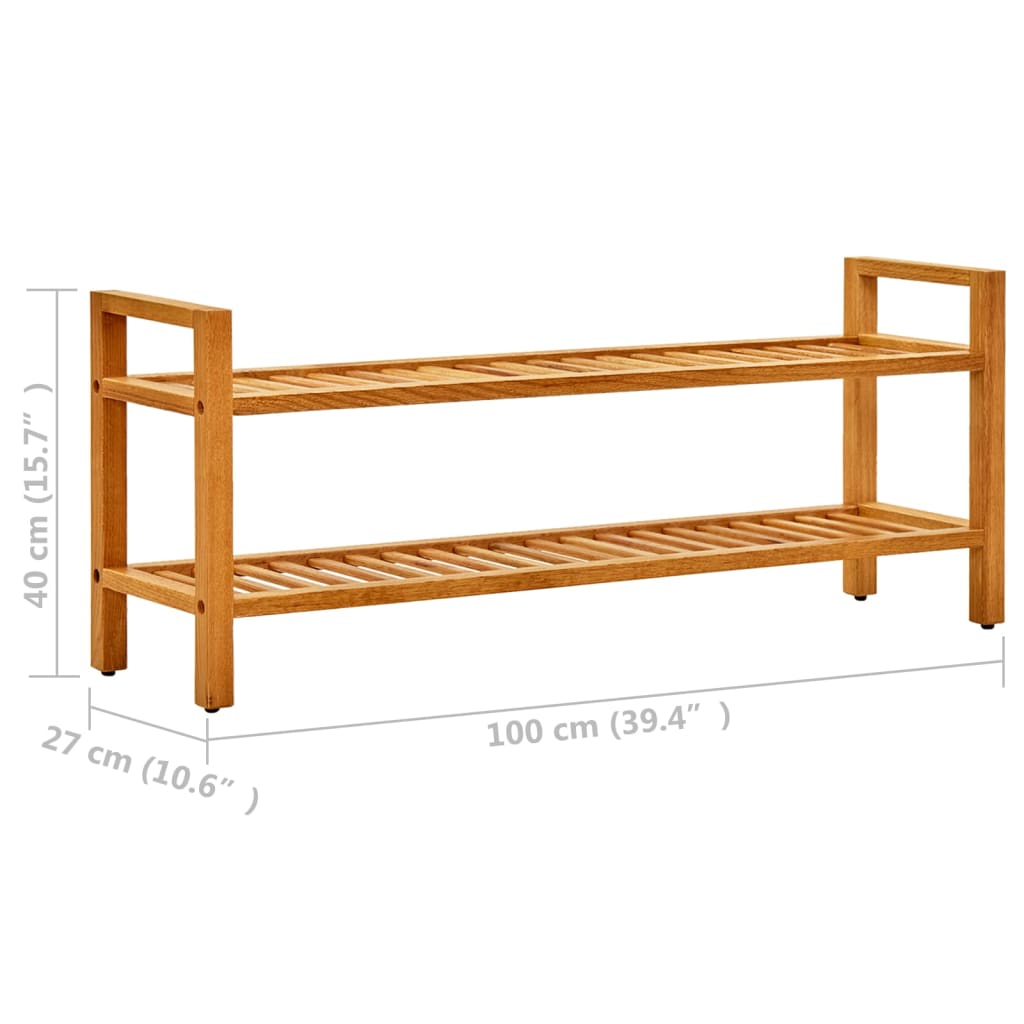 A two-shelf solid oak wood shoe rack measuring 39.4 by 10.6 by 15.7 inches.