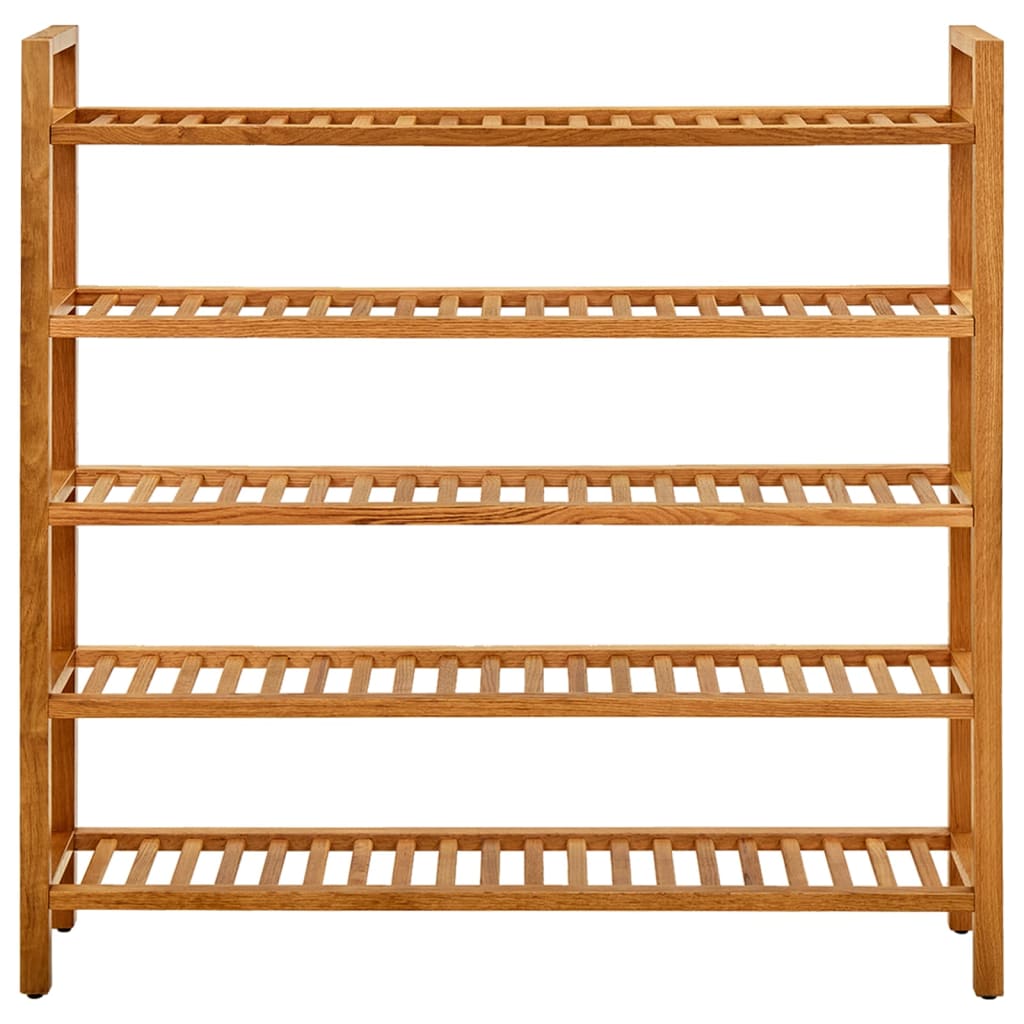 Solid oak 5-shelf shoe rack with slatted shelves and a natural wood finish.