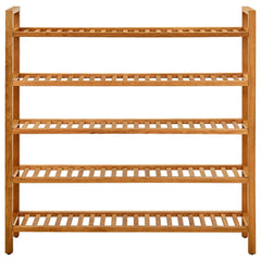 Solid oak 5-shelf shoe rack with slatted shelves and a natural wood finish.